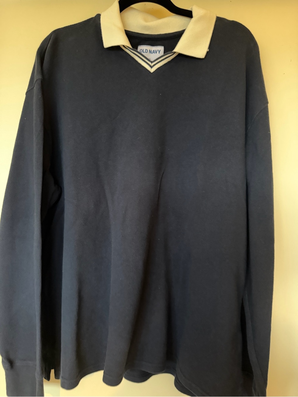 Old Navy Men’s Dark Blue Long-Sleeve Polo with Cream Collar